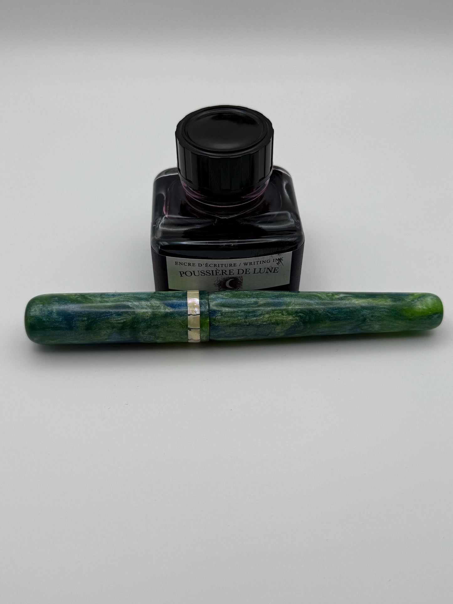 The Nori. Abalone Inlay, Green, Blue and White Cast Resin Fountain Pen with Bock Nib
