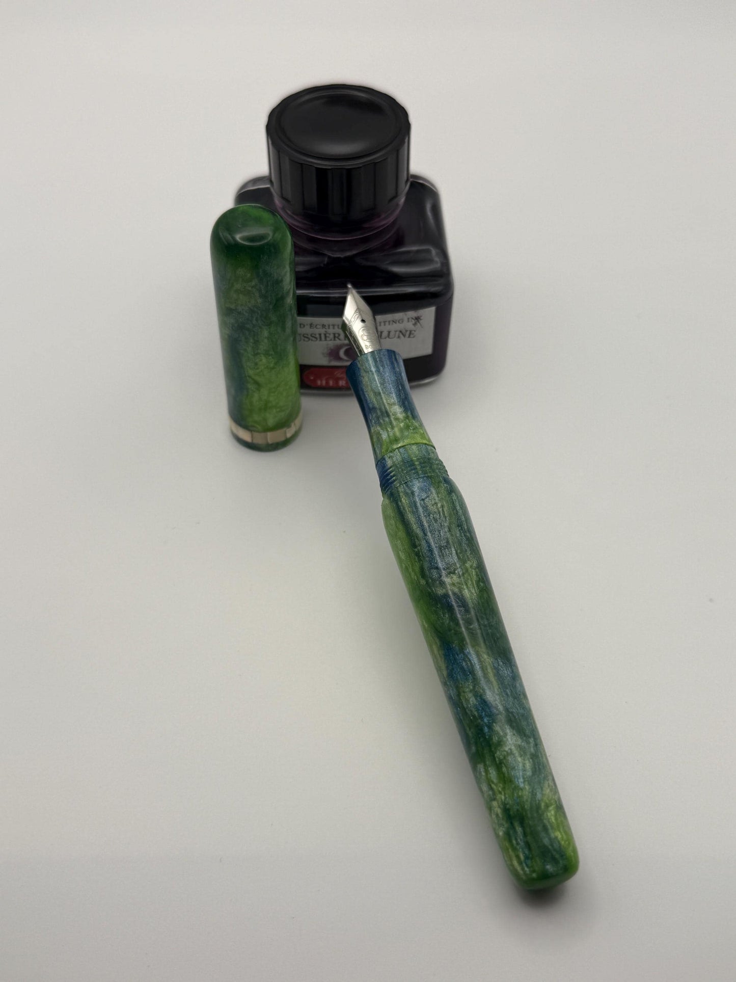 The Nori. Abalone Inlay, Green, Blue and White Cast Resin Fountain Pen with Bock Nib