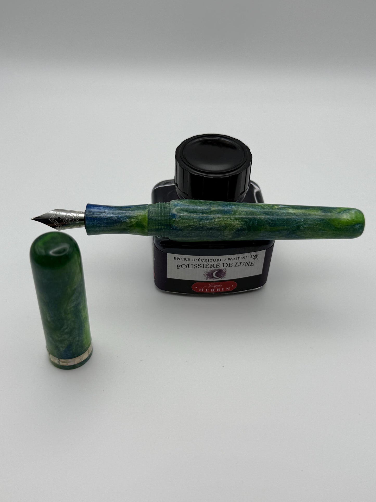 The Nori. Abalone Inlay, Green, Blue and White Cast Resin Fountain Pen with Bock Nib