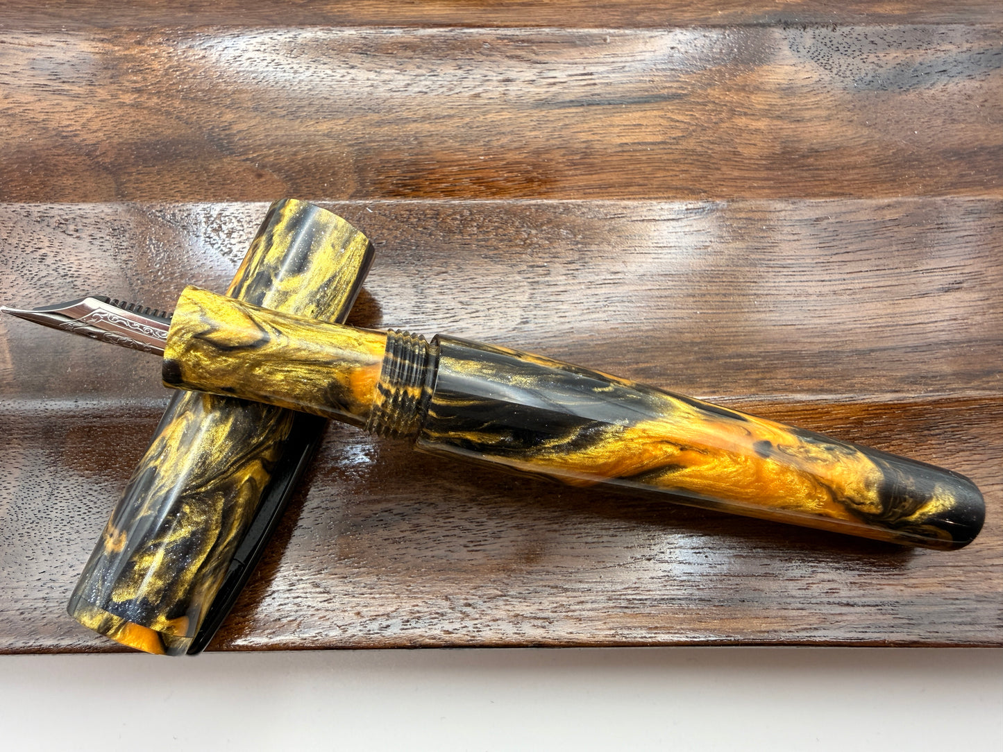 Golden Galaxy Gold and Black Cast Resin Fountain Pen with Bock Nib