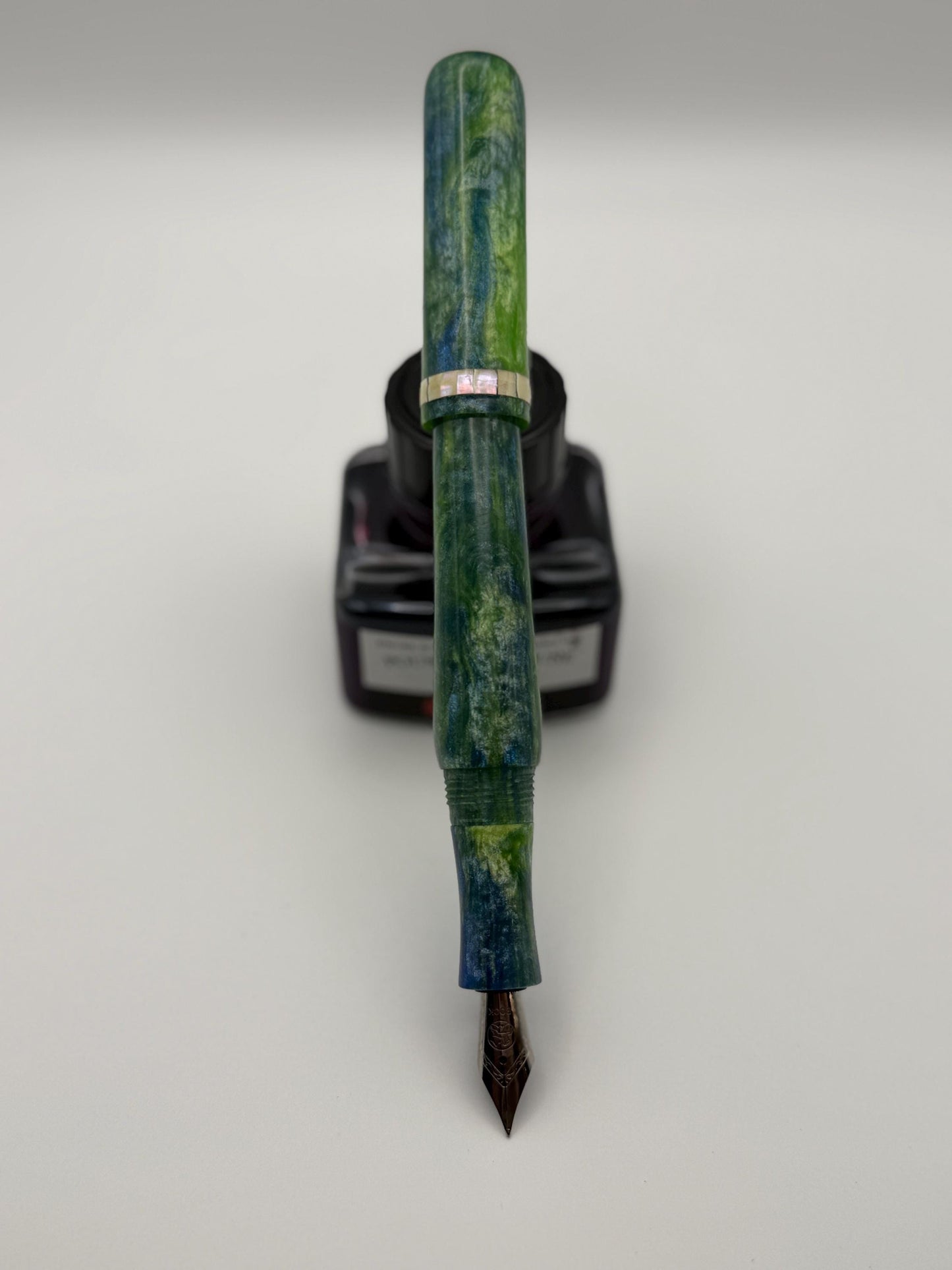 The Nori. Abalone Inlay, Green, Blue and White Cast Resin Fountain Pen with Bock Nib