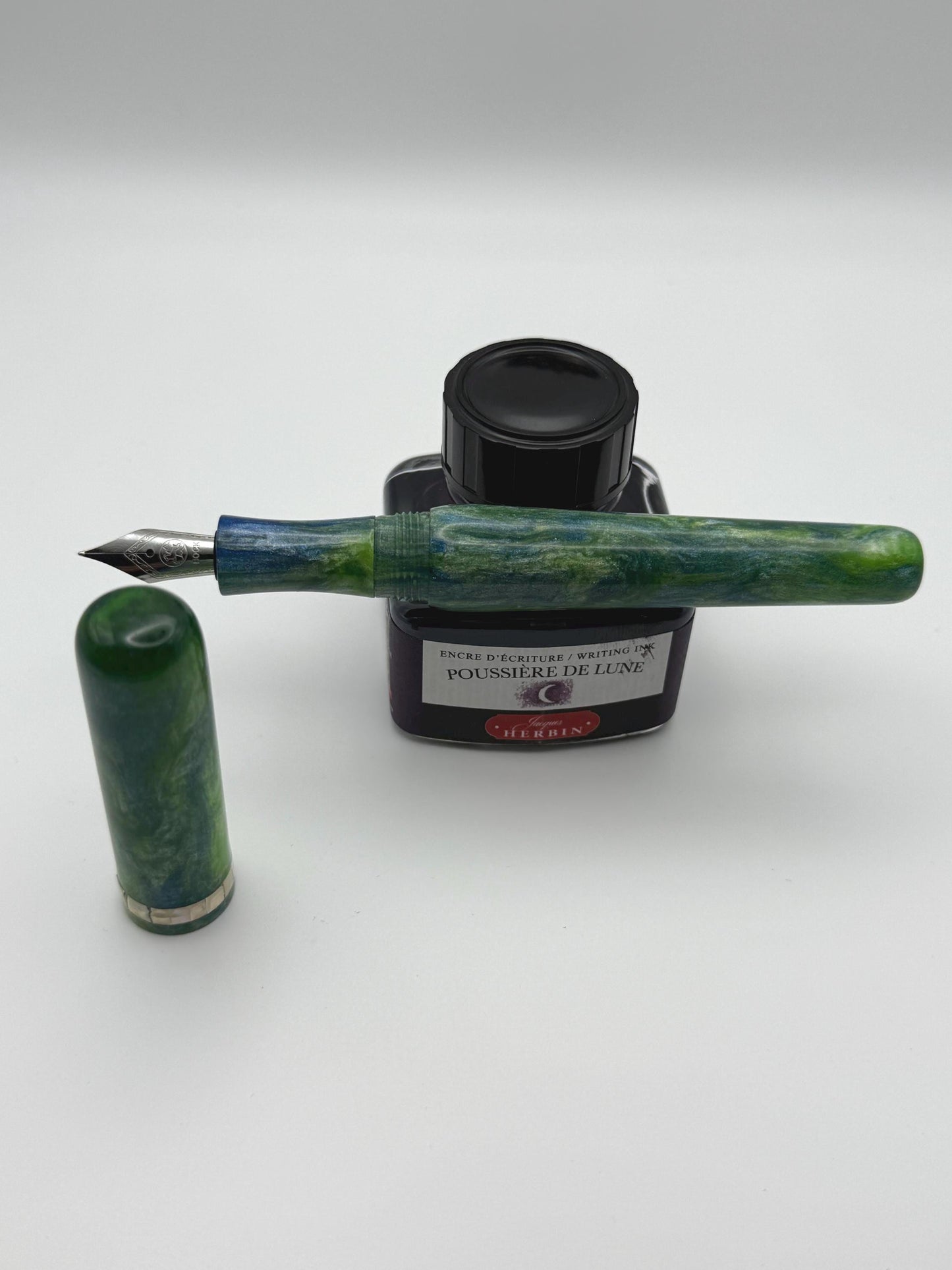 The Nori. Abalone Inlay, Green, Blue and White Cast Resin Fountain Pen with Bock Nib