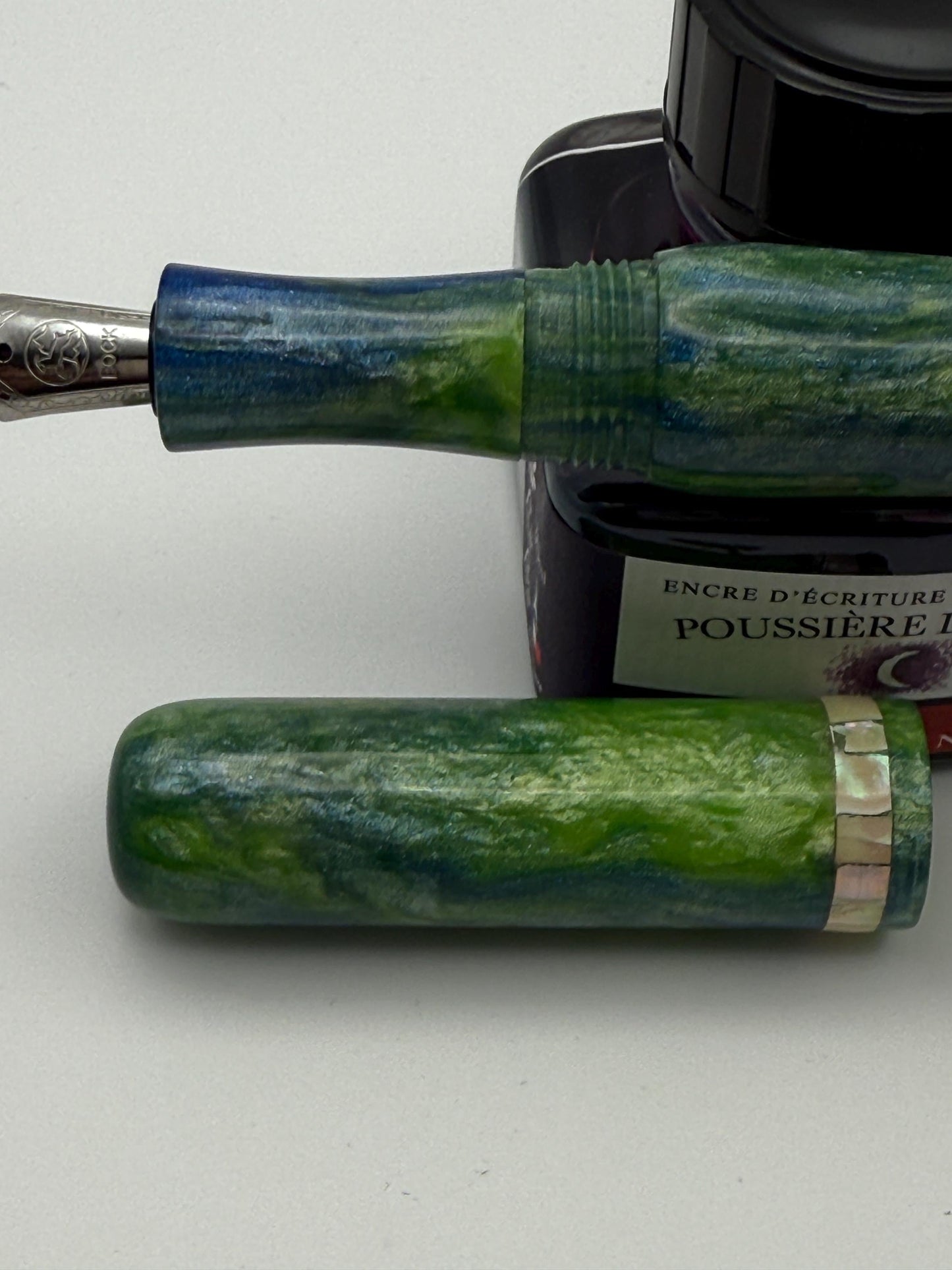 The Nori. Abalone Inlay, Green, Blue and White Cast Resin Fountain Pen with Bock Nib
